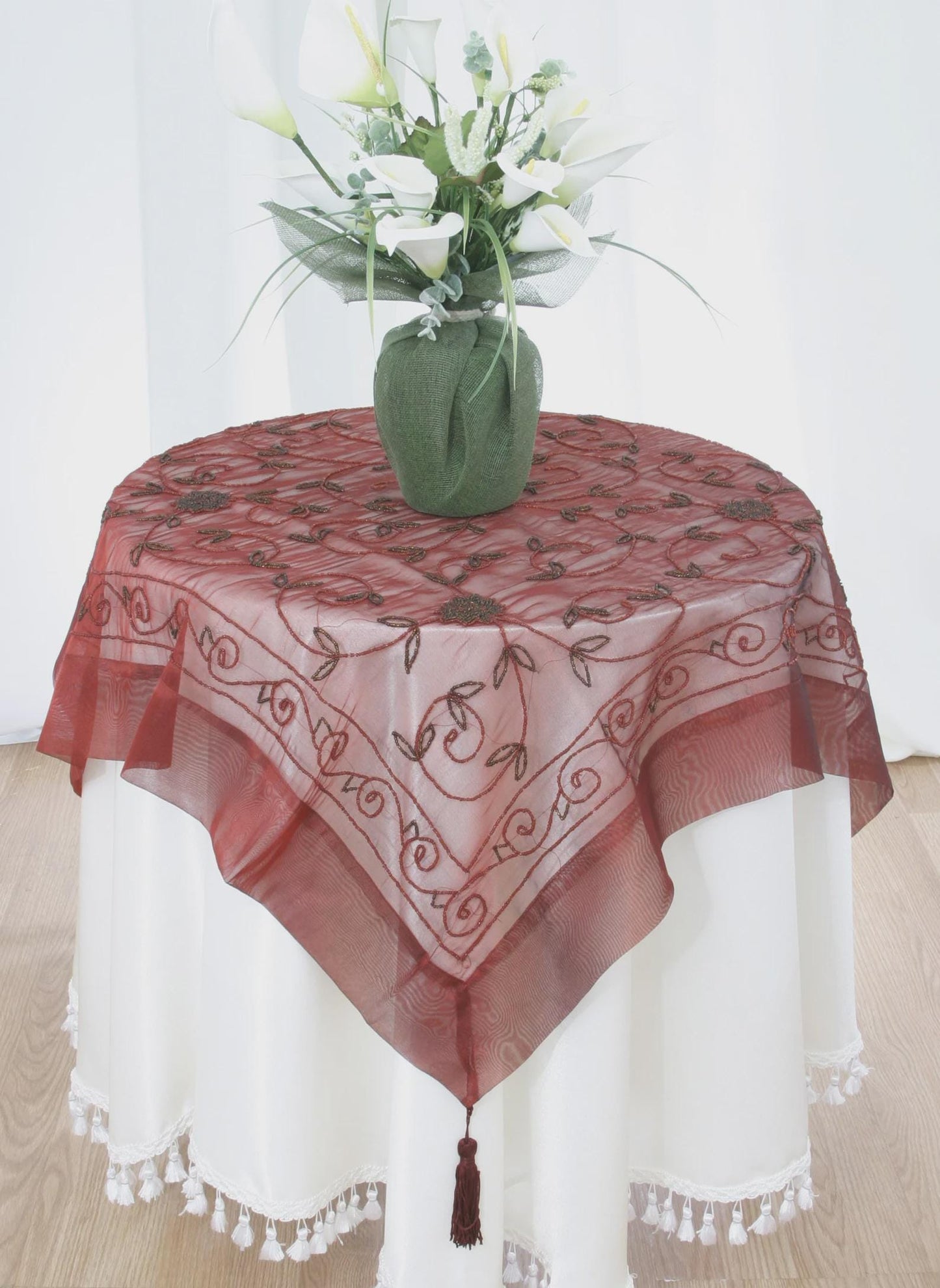 35 Inch Beaded Tasseled Tablecloth: Floral Sheer Table Linen, Handcrafted in India