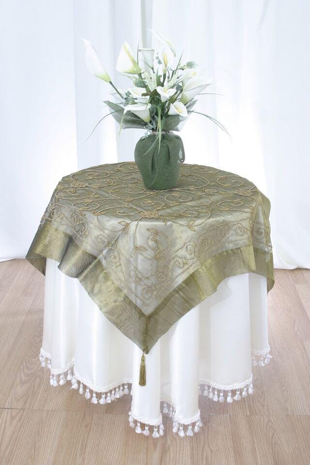 35 Inch Beaded Tasseled Tablecloth: Floral Sheer Table Linen, Handcrafted in India