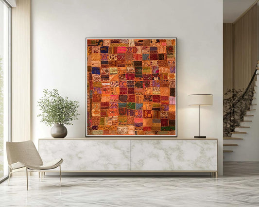 Embroidered Sari Tapestry Wall Hanging: Vintage Indian Zari Work, 58" x 57"