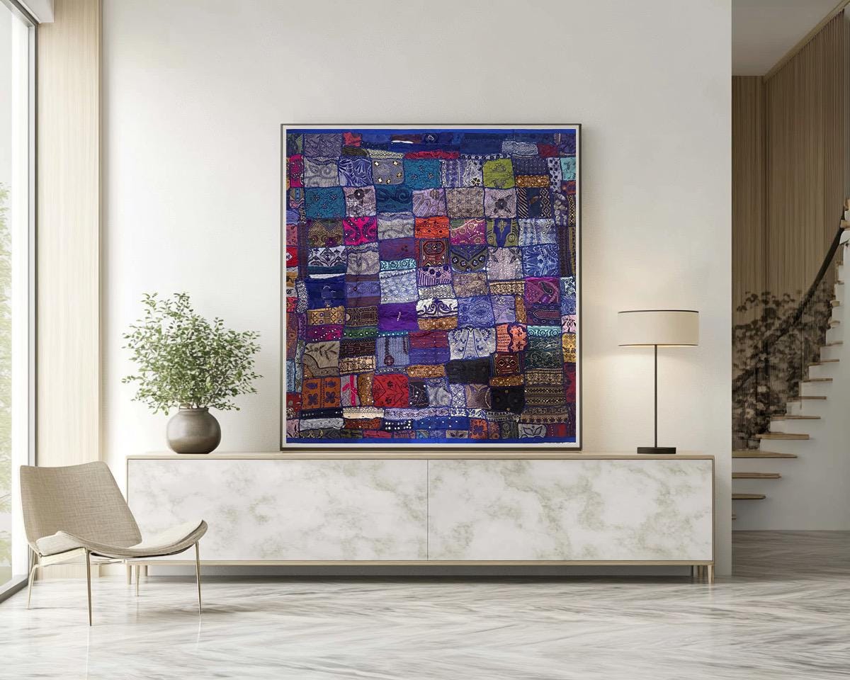 Handmade Embroidered Indian Sari Tapestry – Vintage Zari Patchwork Wall Hanging with Mirror & Sequin Work, Multicolor Boho Ethnic Textile Art Home Décor 59" x 59" Inch Large Square Decoration
