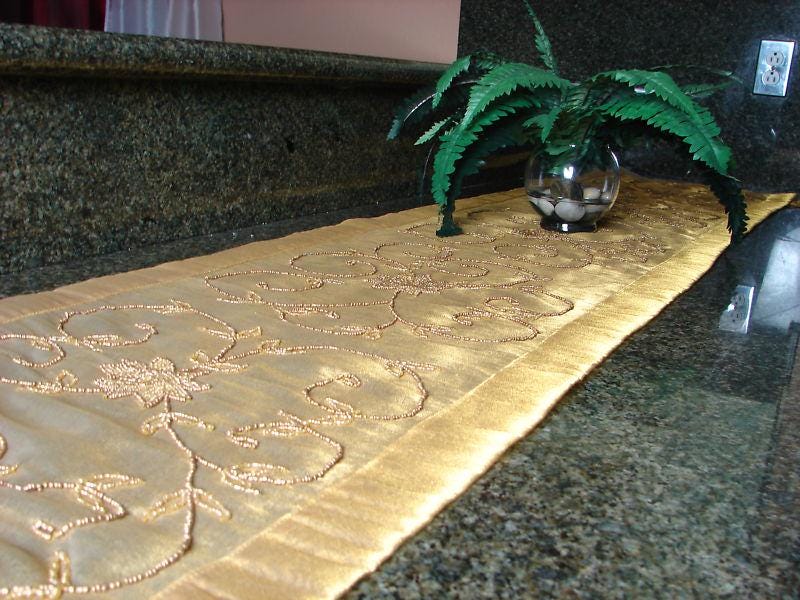 Beaded Table Runner: Indian Sari Fabric with Gold Tassels (16" x 72")