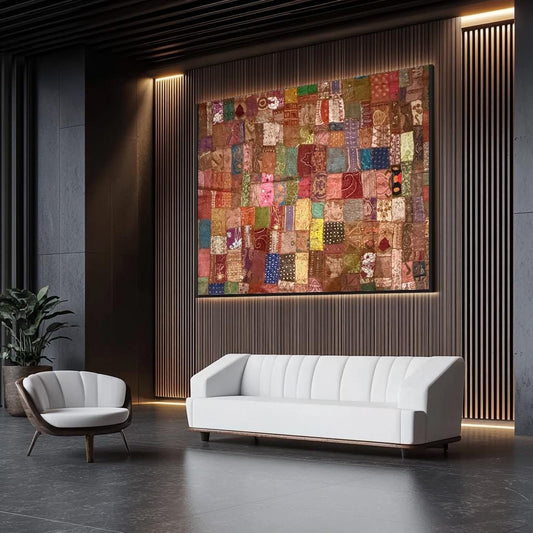 Handmade Embroidered Indian Tapestry Wall Hanging – Vintage Sari Patchwork Zari Mirror Work Boho Decor, Large Multicolor Textile Art 78" x 75" Inch Ethnic Bohemian Home Decoration