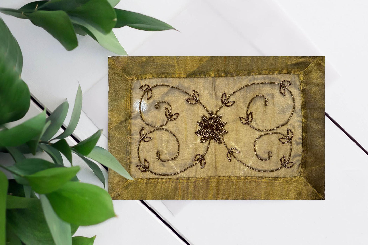 Beaded Floral Placemat: 12" x 18" Sheer Zardozi Sari Table Mat 1 Pc