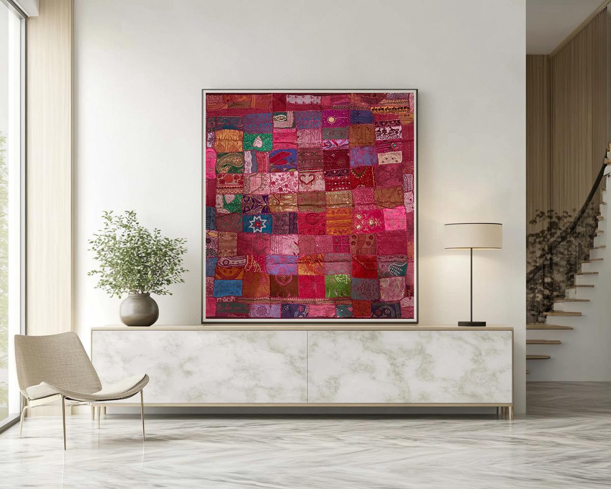 Handmade Embroidered Indian Sari Tapestry – Vintage Zari Patchwork Wall Hanging with Mirror & Sequin Work, Multicolor Boho Ethnic Textile Art Home Décor 59" x 59" Inch Large Square Decoration