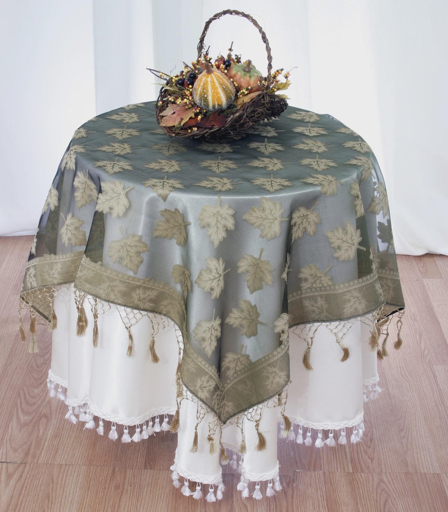 44 Inch Leaf Design Organza Tablecloth - Tasseled Elegant Fall Decor