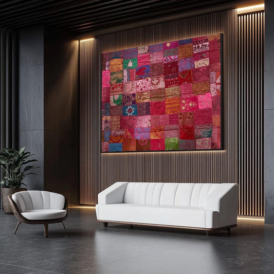 Handmade Embroidered Indian Sari Tapestry – Vintage Zari Patchwork Wall Hanging with Mirror & Sequin Work, Multicolor Boho Ethnic Textile Art Home Décor 59" x 59" Inch Large Square Decoration