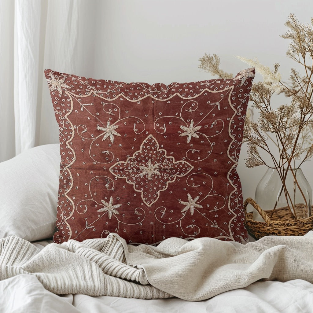 Brown Handmade Embroidered Organza Pillow Cover: Ethnic Floral Cushion Case Embroidered Organza Pillow Cover: Floral Medallion, Ethnic Decor