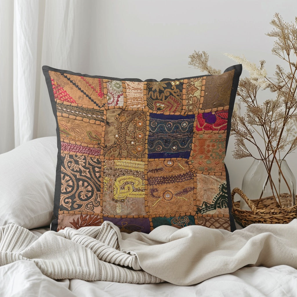 16" Square Embroidered  Vintage Tapestry Pillow Cover: Beaded Zari Embroidery, 16" Square (Stacy)