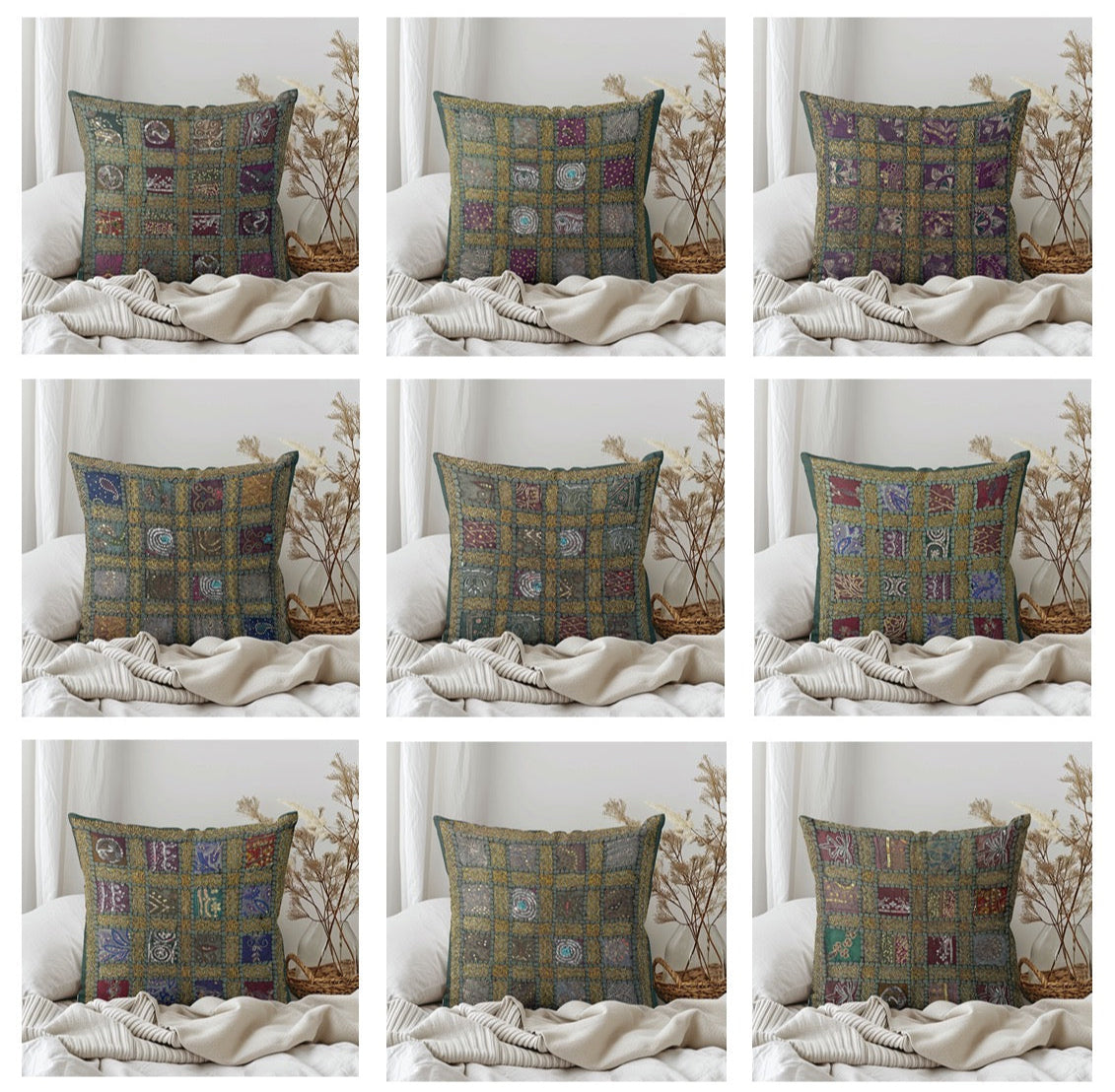 16" Square Green Vintage Tapestry Pillow Cover: Beaded Zari Embroidery, 16" Square