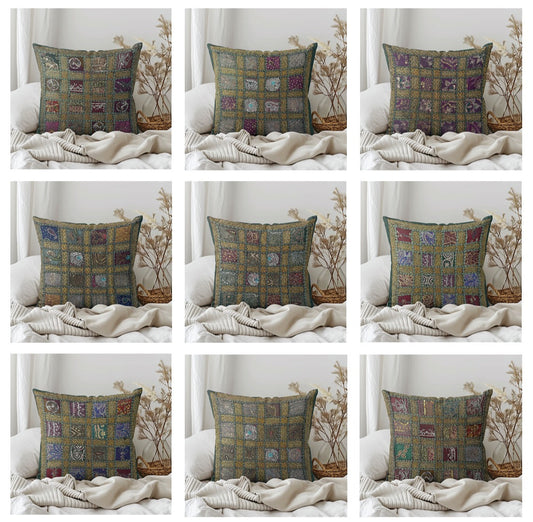 16" Square Green Vintage Tapestry Pillow Cover: Beaded Zari Embroidery, 16" Square