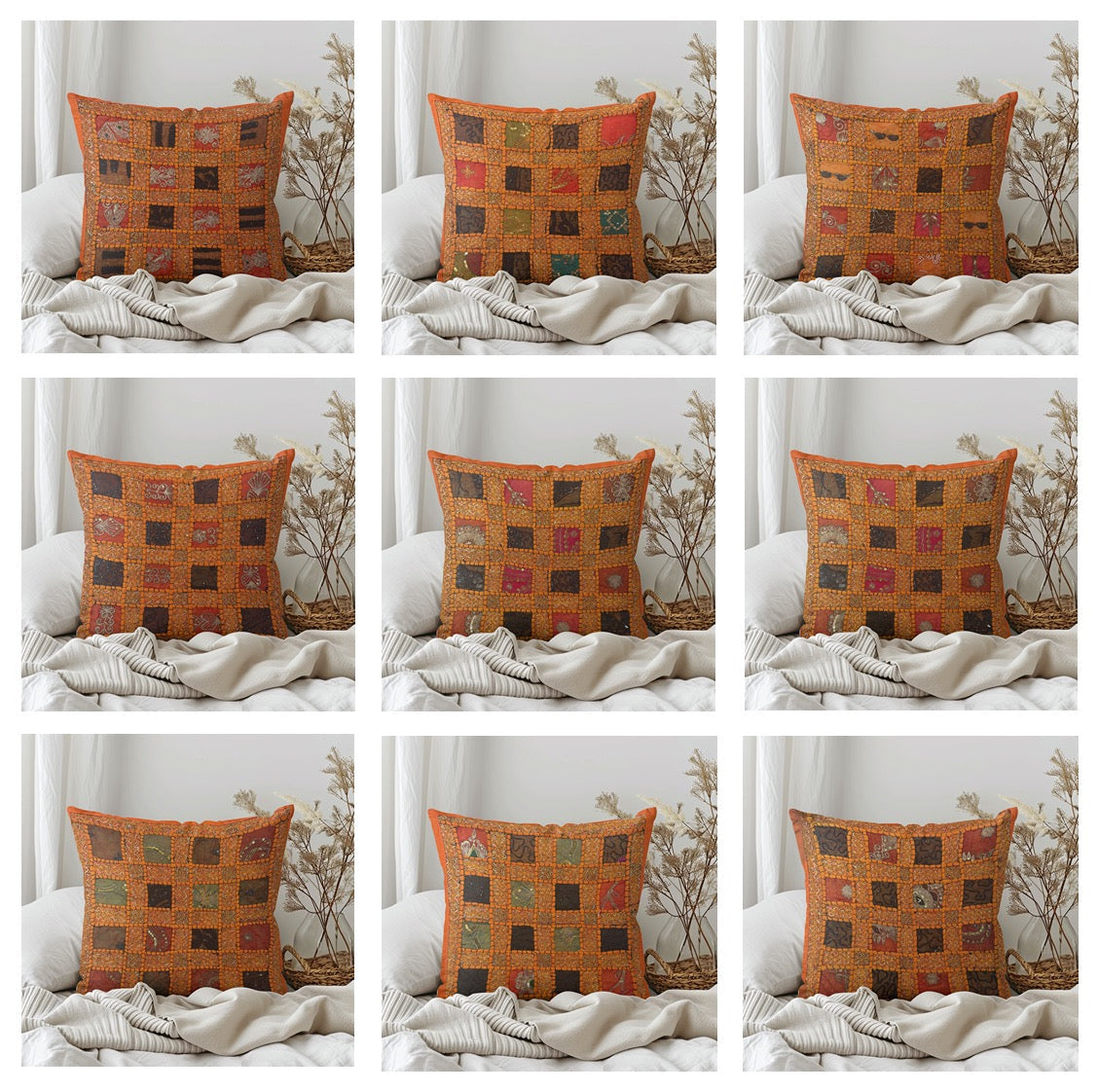 16 Inch Orange Vintage Indian Tapestry Pillow Cover: Zari Beaded Embroidered Throw Pillow