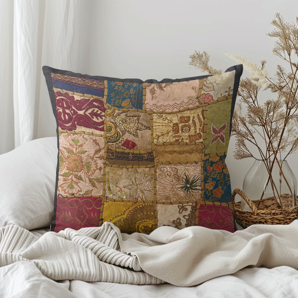 16" Square Embroidered  Vintage Tapestry Pillow Cover: Beaded Zari Embroidery, 16" Square (Stacy)