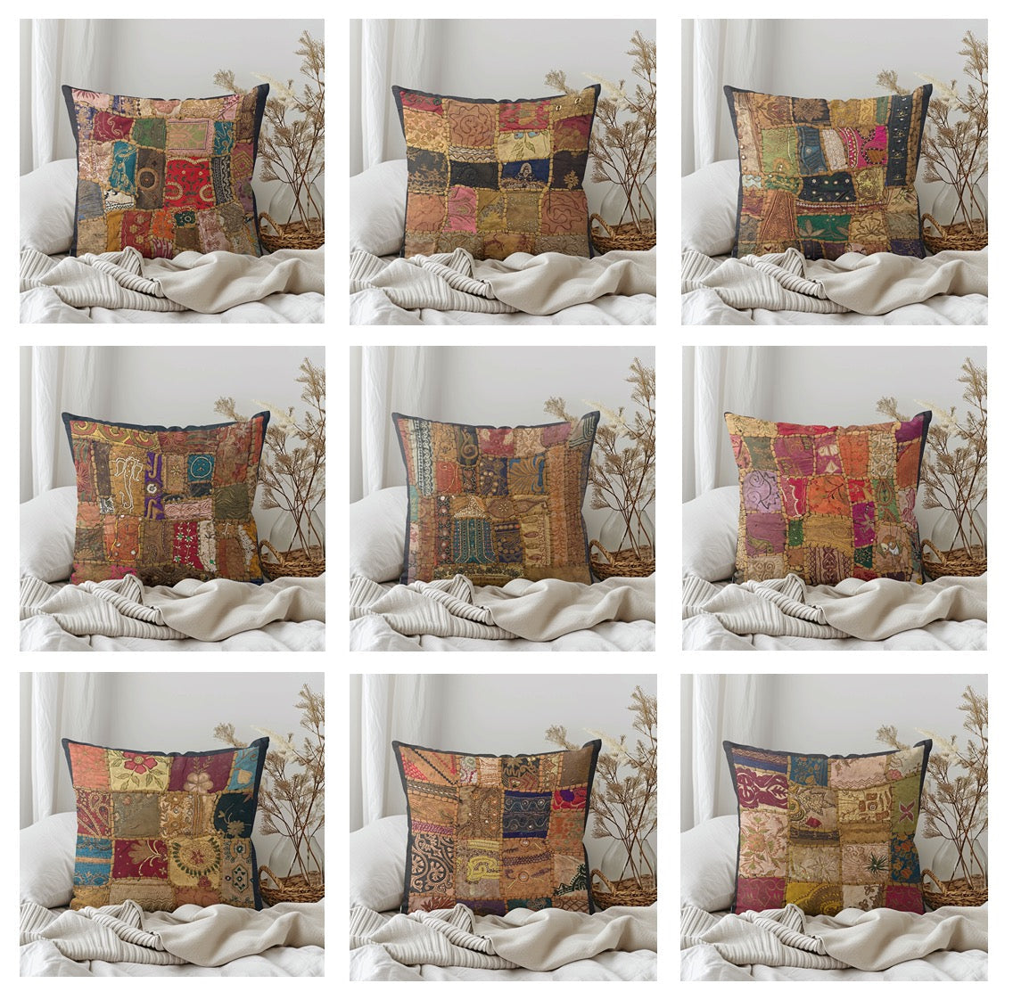 16" Square Embroidered  Vintage Tapestry Pillow Cover: Beaded Zari Embroidery, 16" Square (Stacy)
