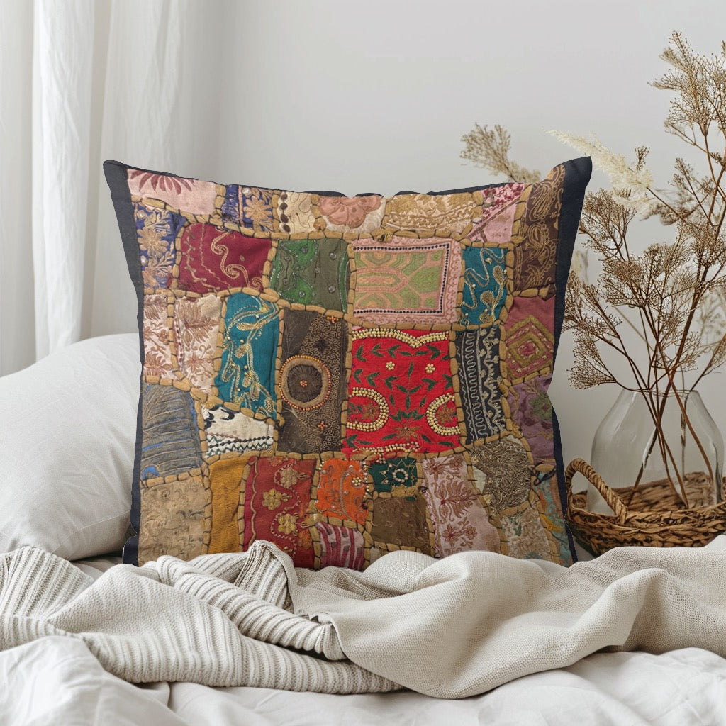 16" Square Embroidered  Vintage Tapestry Pillow Cover: Beaded Zari Embroidery, 16" Square (Stacy)