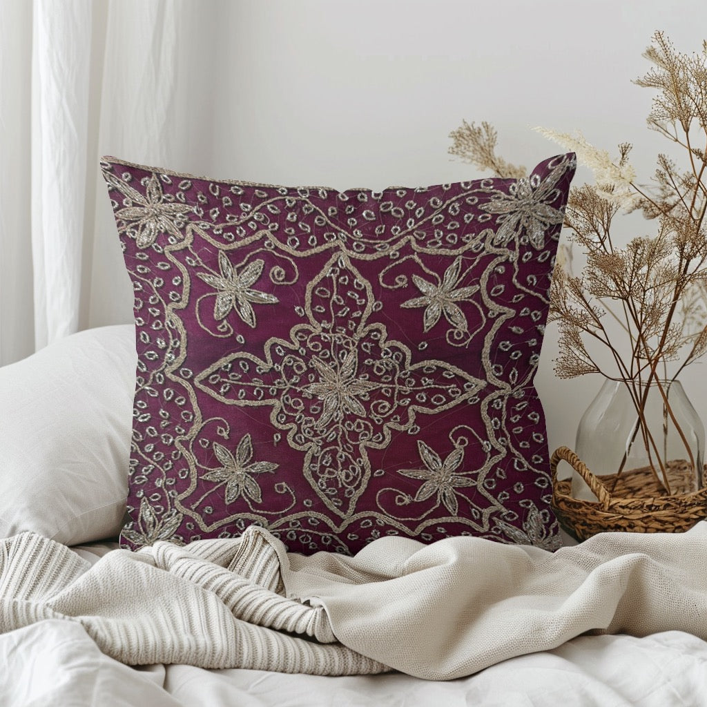 12" Inch  Square Organza Embroidered Pillow Cover: Handmade Zardozi, Ethnic Floral Design