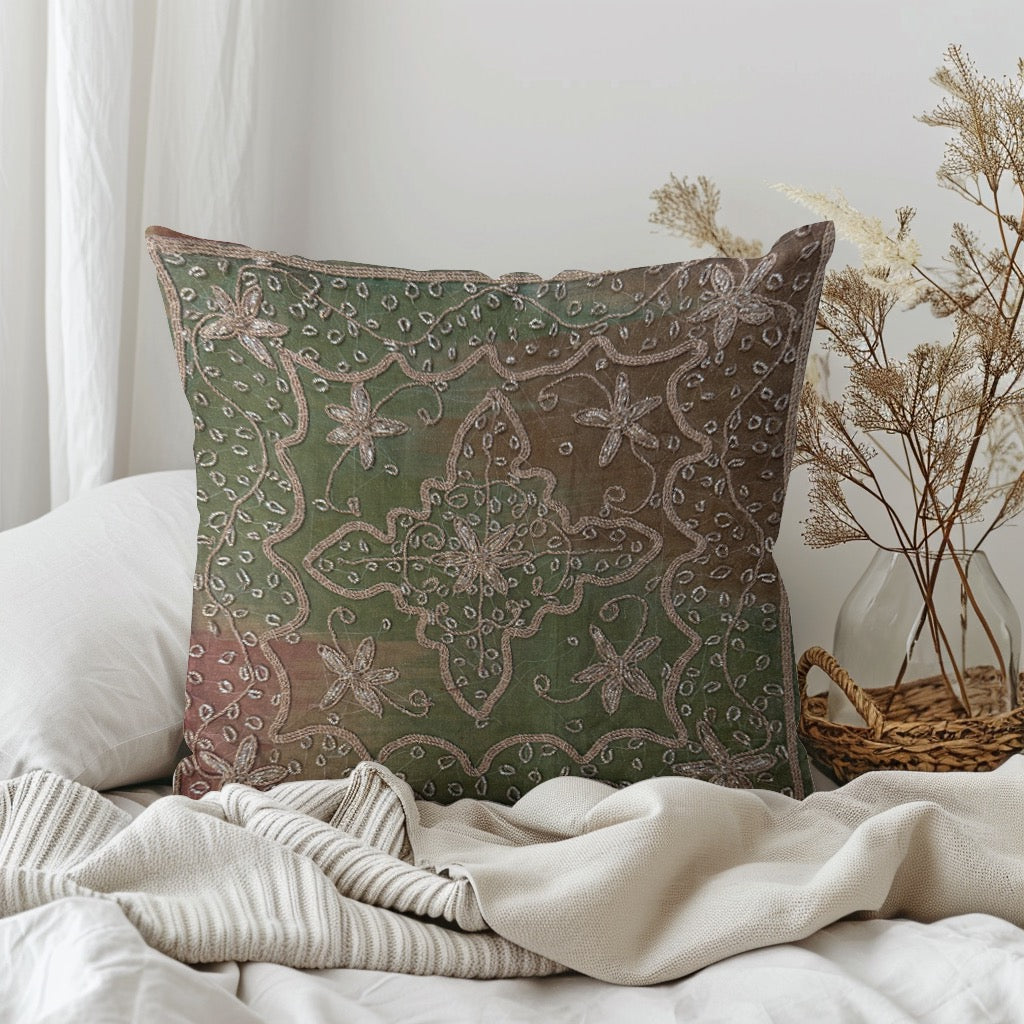 12" Inch  Square Organza Embroidered Pillow Cover: Handmade Zardozi, Ethnic Floral Design