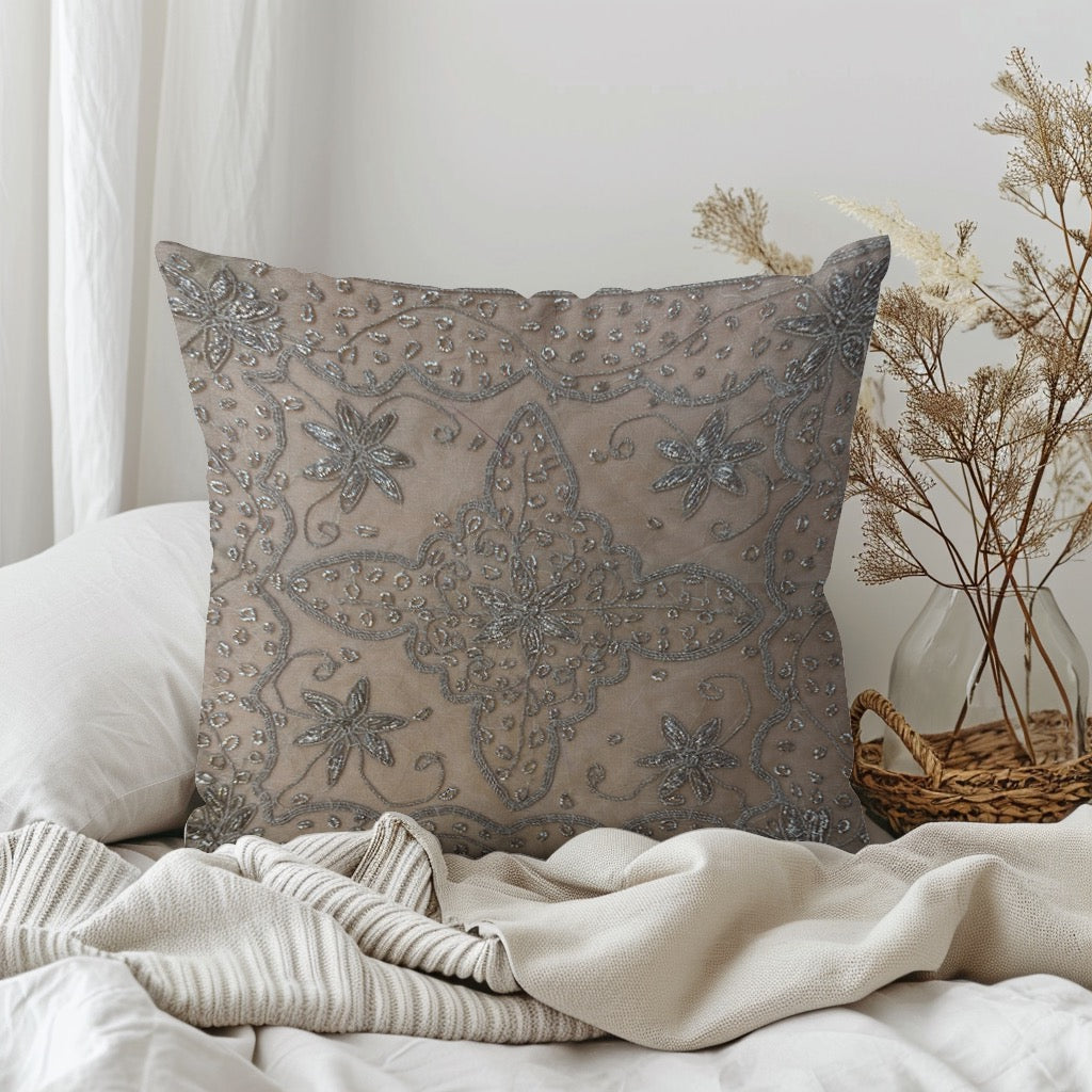 12" Inch  Square Organza Embroidered Pillow Cover: Handmade Zardozi, Ethnic Floral Design
