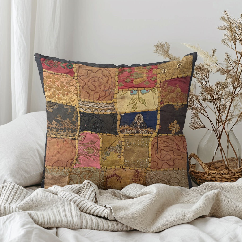 16" Square Embroidered  Vintage Tapestry Pillow Cover: Beaded Zari Embroidery, 16" Square (Stacy)