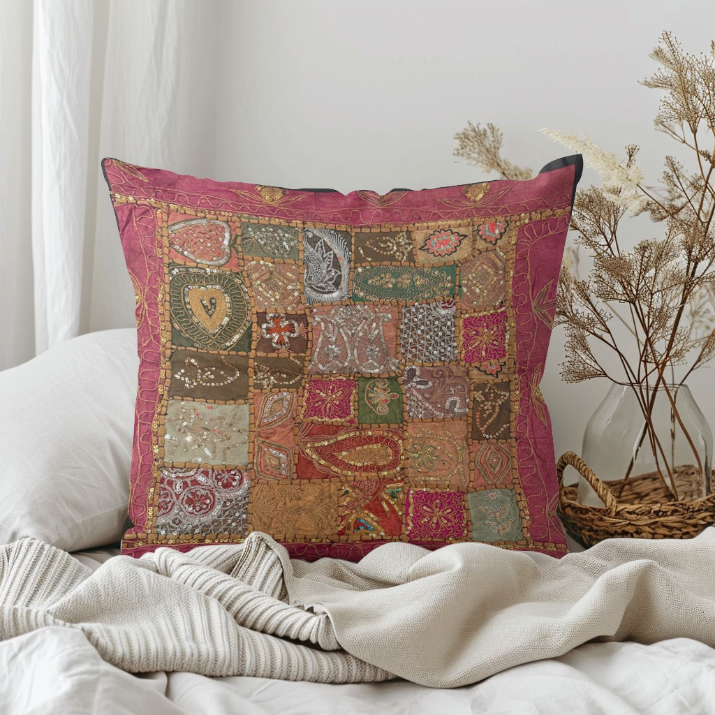 24'' x 24" Inch Large Ethnic Indian Embroidery Beaded Patchwork Work Throw Pillow Cushion Cover #3