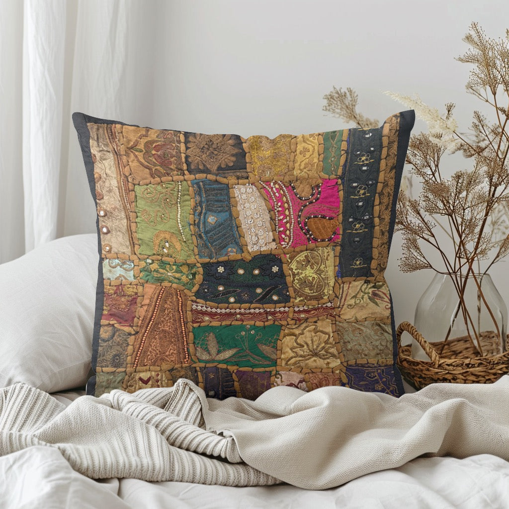 16" Square Embroidered  Vintage Tapestry Pillow Cover: Beaded Zari Embroidery, 16" Square (Stacy)