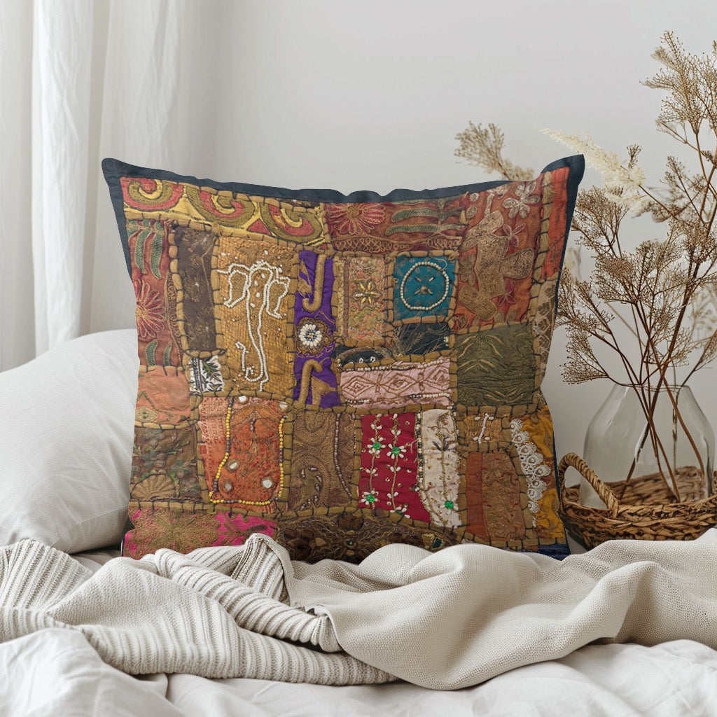 16" Square Embroidered  Vintage Tapestry Pillow Cover: Beaded Zari Embroidery, 16" Square (Stacy)