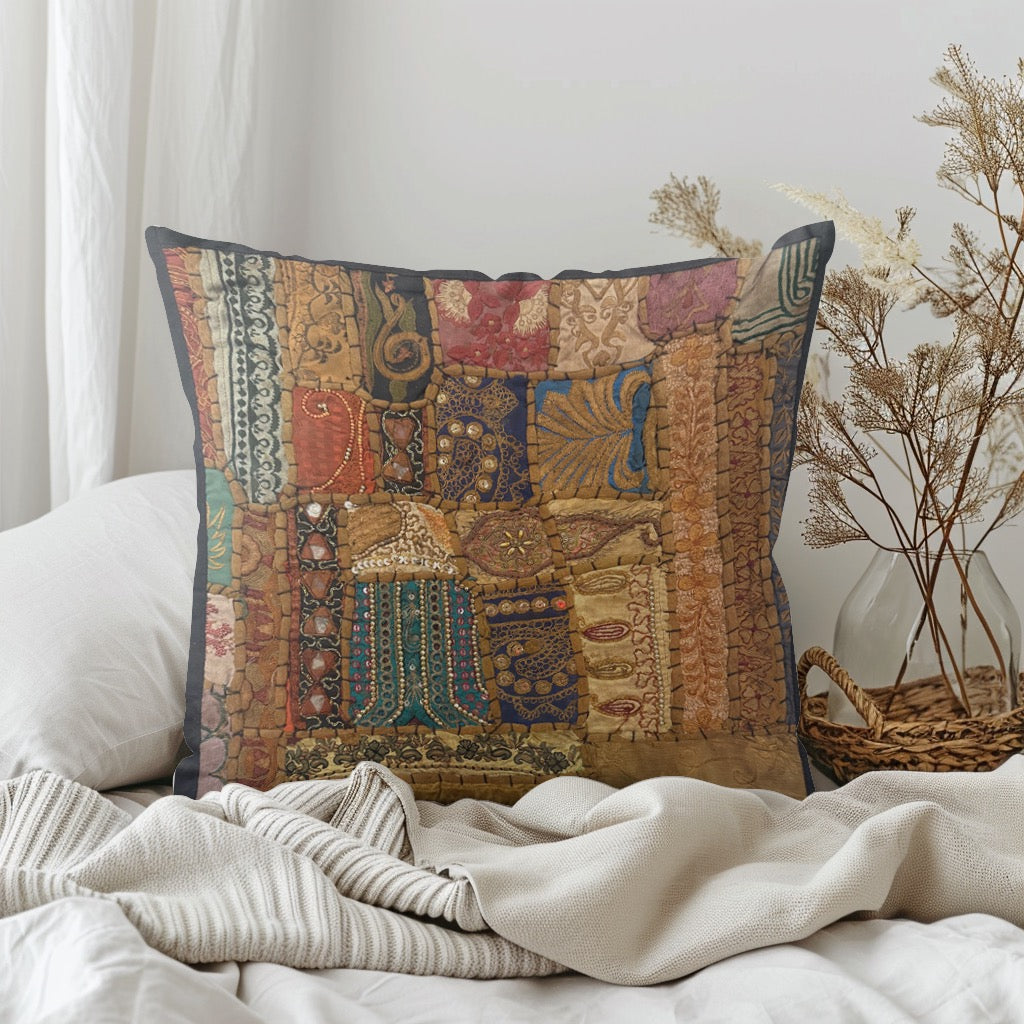 16" Square Embroidered  Vintage Tapestry Pillow Cover: Beaded Zari Embroidery, 16" Square (Stacy)