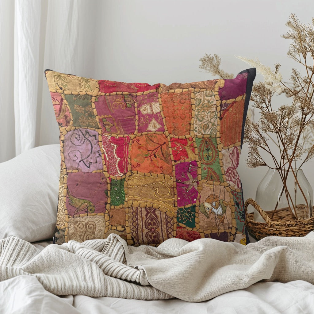 16" Square Embroidered  Vintage Tapestry Pillow Cover: Beaded Zari Embroidery, 16" Square (Stacy)