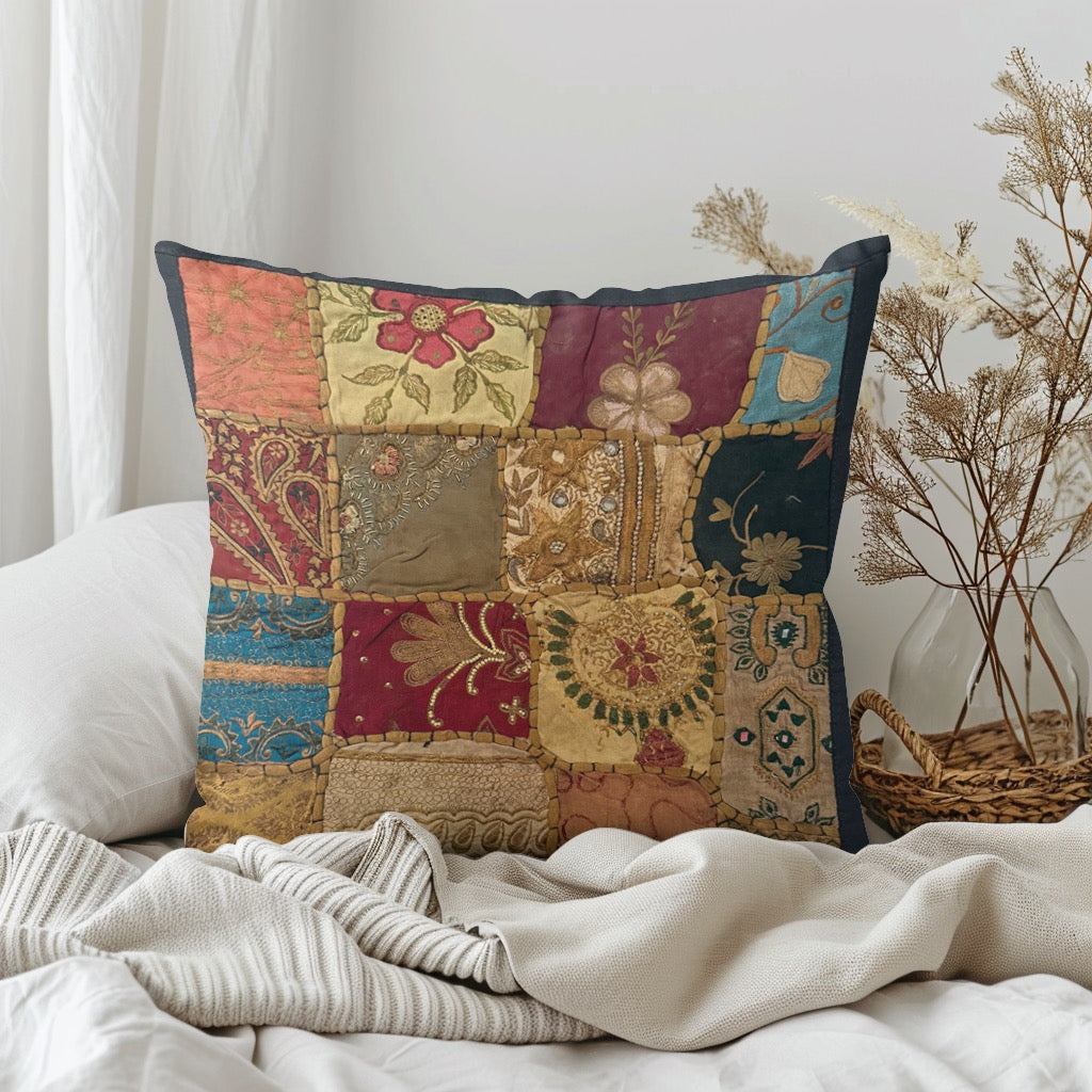 16" Square Embroidered  Vintage Tapestry Pillow Cover: Beaded Zari Embroidery, 16" Square (Stacy)