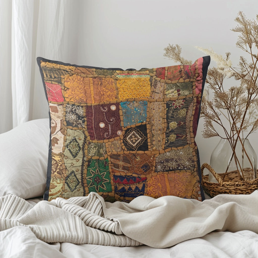 16" Square Embroidered  Vintage Tapestry Pillow Cover: Beaded Zari Embroidery, 16" Square (Stacy)