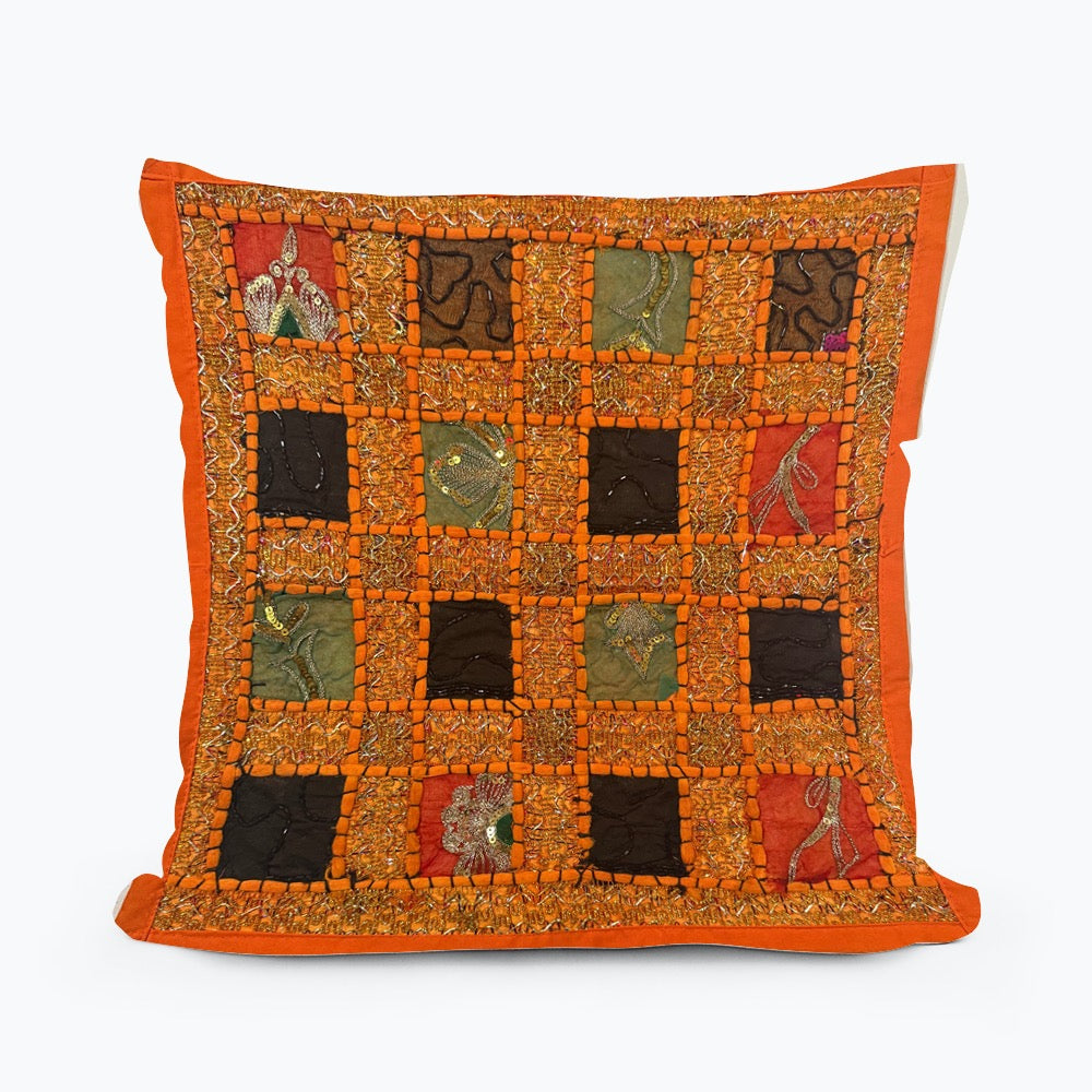 16 Inch Orange Vintage Indian Tapestry Pillow Cover: Zari Beaded Embroidered Throw Pillow