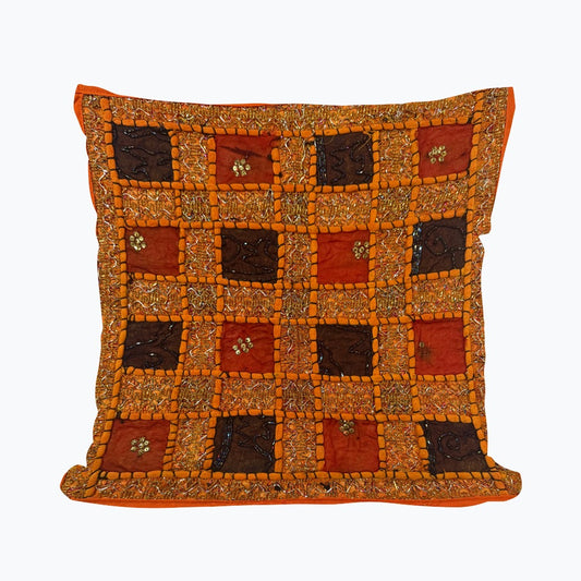 16" Orange Tapestry Patchwork Pillow Cases Indian Handmade Beaded Cushion Cover Decor Black Beaded Tapestry Pillow Cover: Vintage Indian Embroidered Cushion #21
