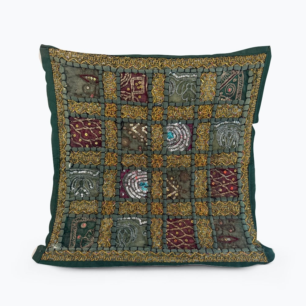 16" Square Green Vintage Tapestry Pillow Cover: Beaded Zari Embroidery, 16" Square