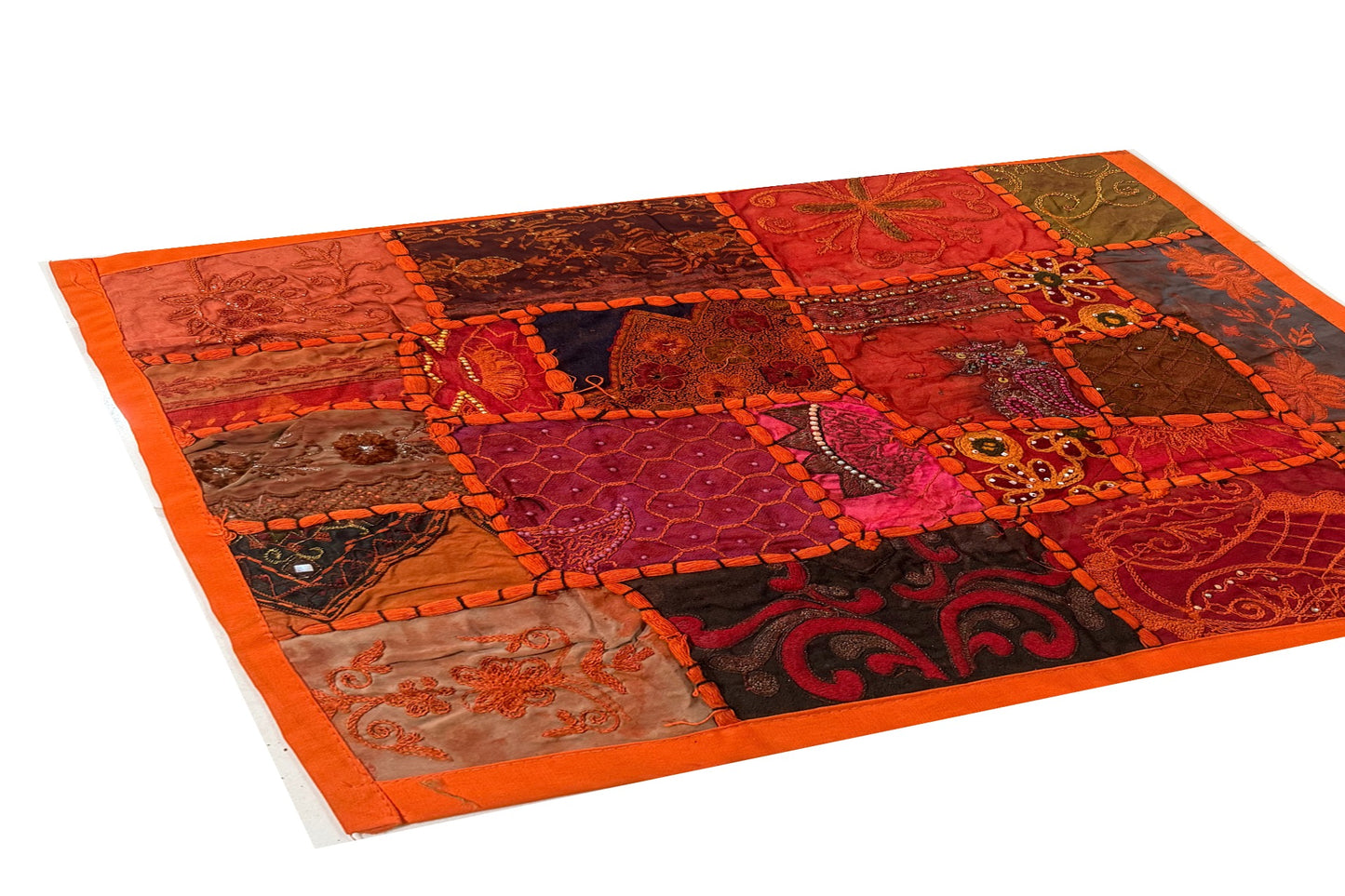 20" Orange Beaded Tapestry Placemat: Zardozi Indian Table Mat