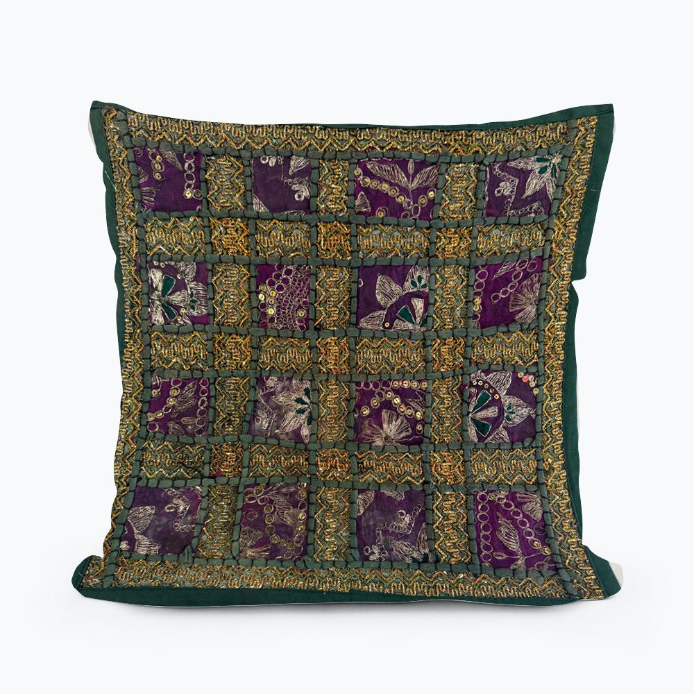 16" Square Green Vintage Tapestry Pillow Cover: Beaded Zari Embroidery, 16" Square