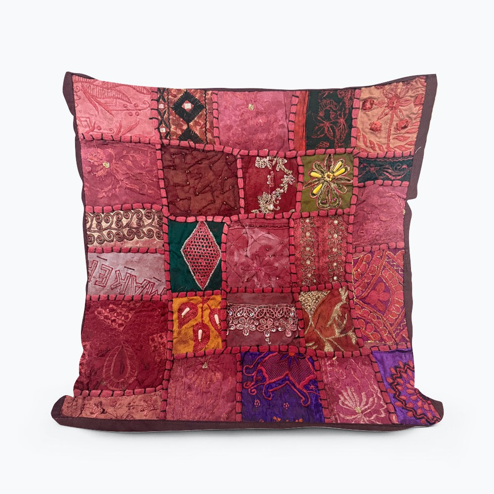 Handmade Indian Patchwork Cushion Cover – 16x16 Inch Red Boho Tapestry Pillow Burgundy Beaded Tapestry Pillow Cover: Vintage Indian Embroidered Cushion
