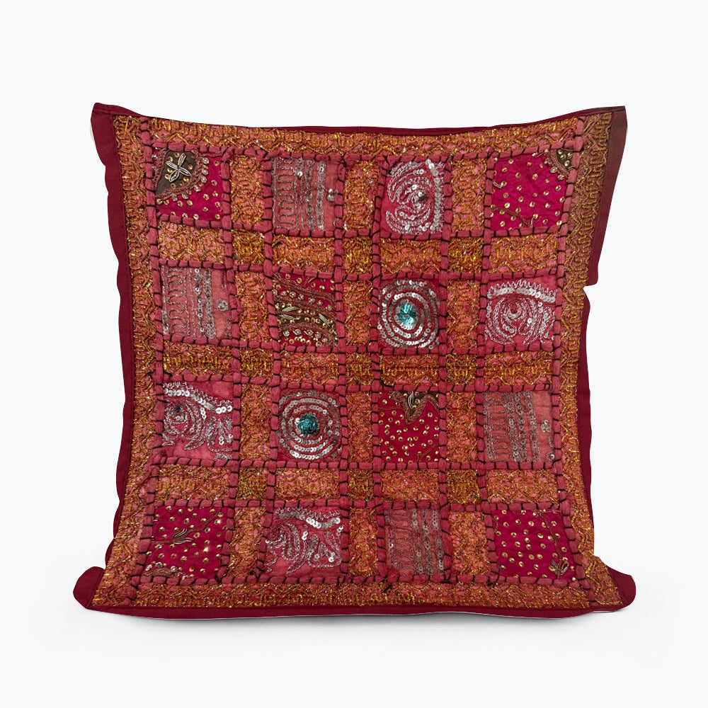 Handmade Indian Patchwork Cushion Cover – 16x16 Inch Red Boho Tapestry Pillow Burgundy Beaded Tapestry Pillow Cover: Vintage Indian Embroidered Cushion