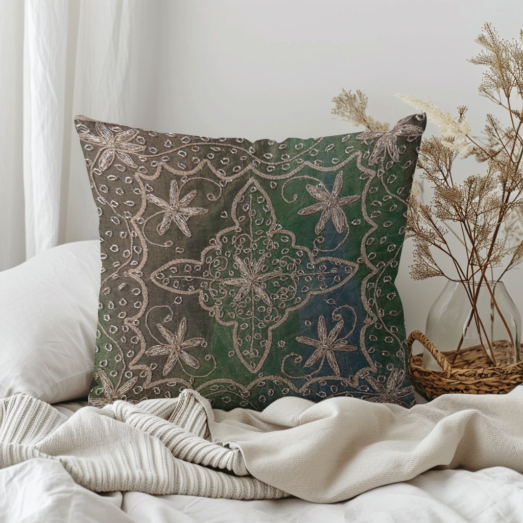 12" Inch  Square Organza Embroidered Pillow Cover: Handmade Zardozi, Ethnic Floral Design