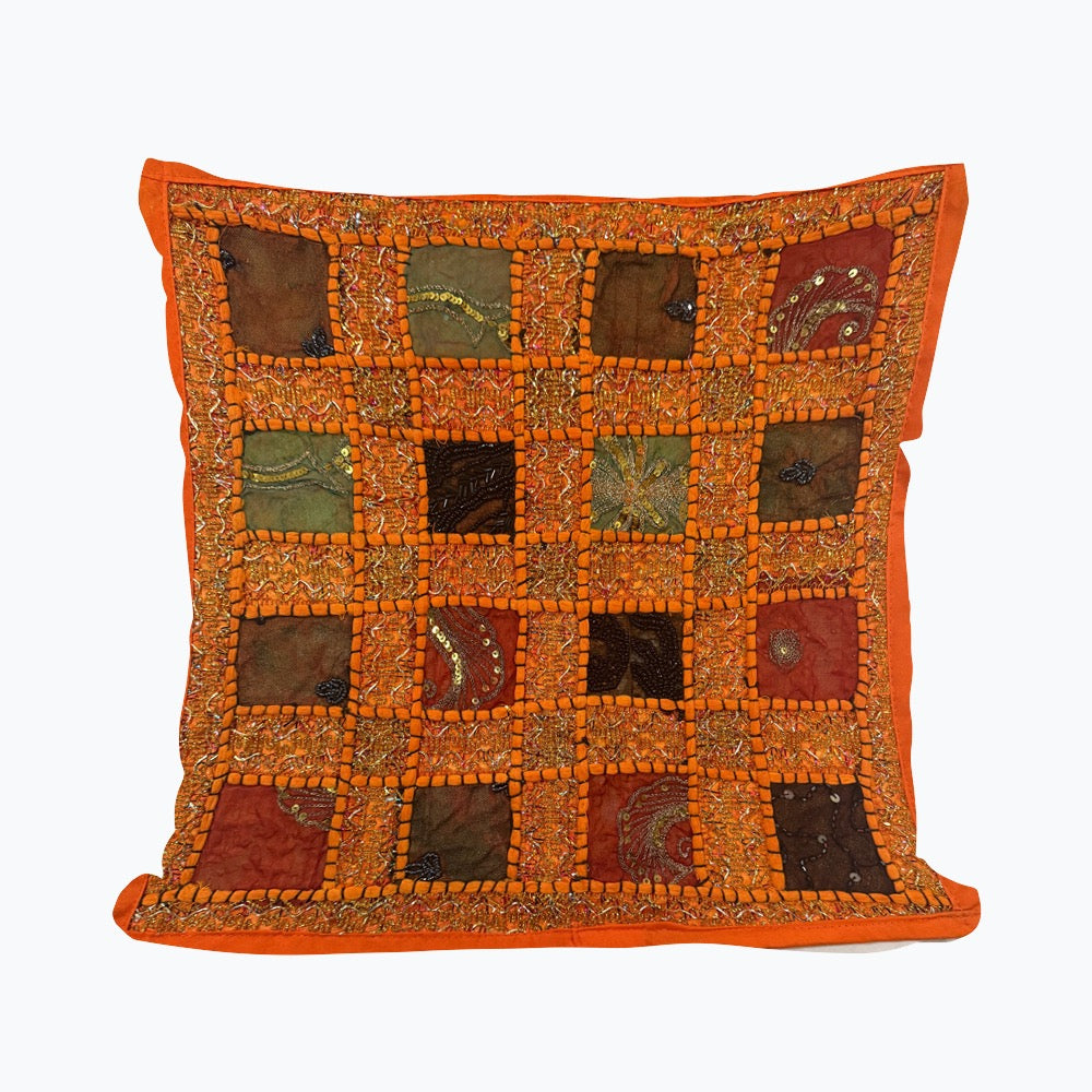 16 Inch Orange Vintage Indian Tapestry Pillow Cover: Zari Beaded Embroidered Throw Pillow
