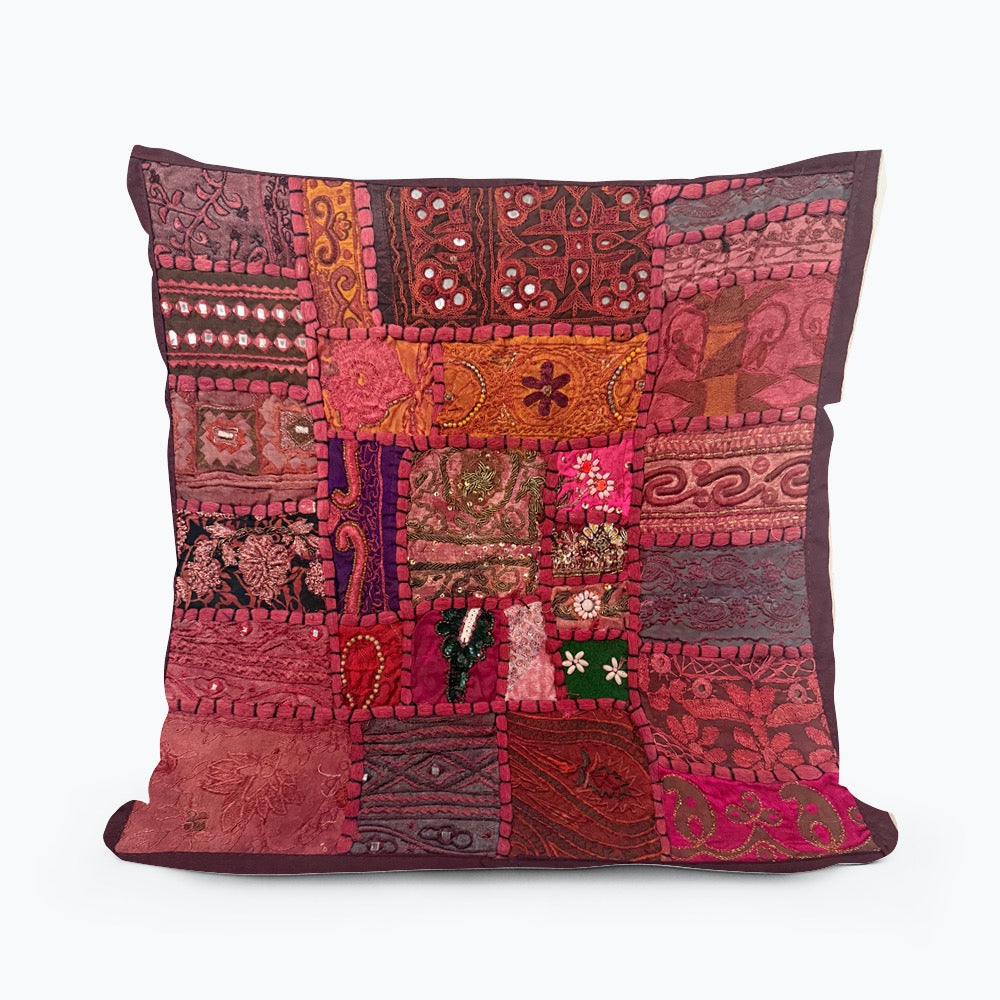 Handmade Indian Patchwork Cushion Cover – 16x16 Inch Red Boho Tapestry Pillow Burgundy Beaded Tapestry Pillow Cover: Vintage Indian Embroidered Cushion