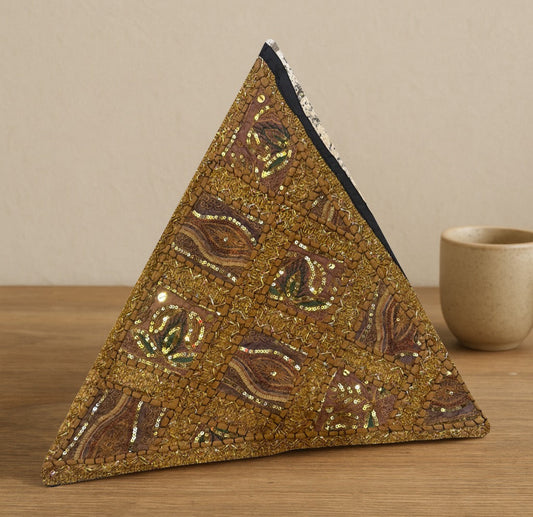 23'' Ethnic Indian Embroidery Beaded Patchwork Triangle Pillow Cushion Cover Handmade Indian Triangular Patchwork Cushion – 23x23 Inch Decorative Pillow #25