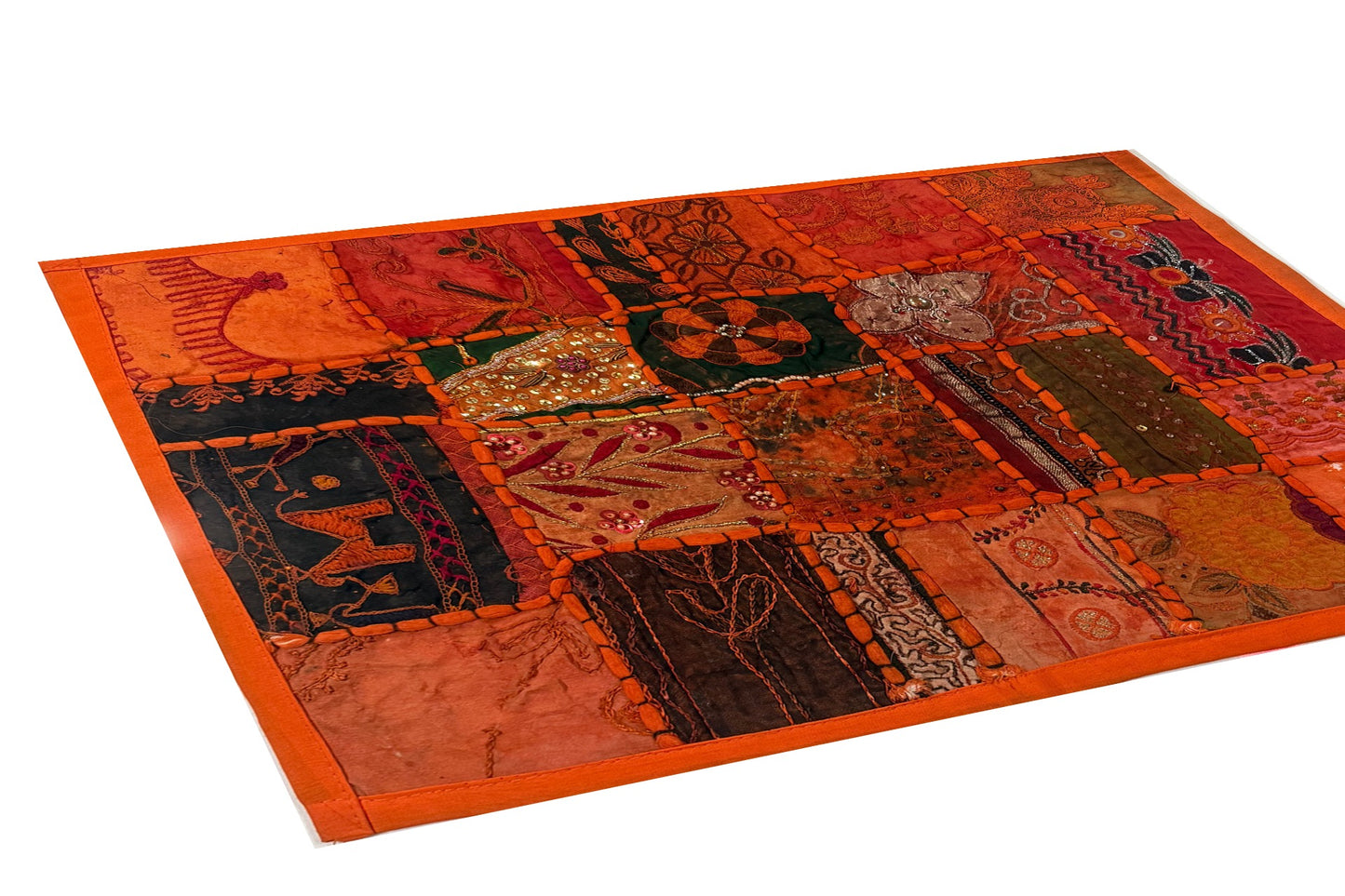 20" Orange Beaded Tapestry Placemat: Zardozi Indian Table Mat