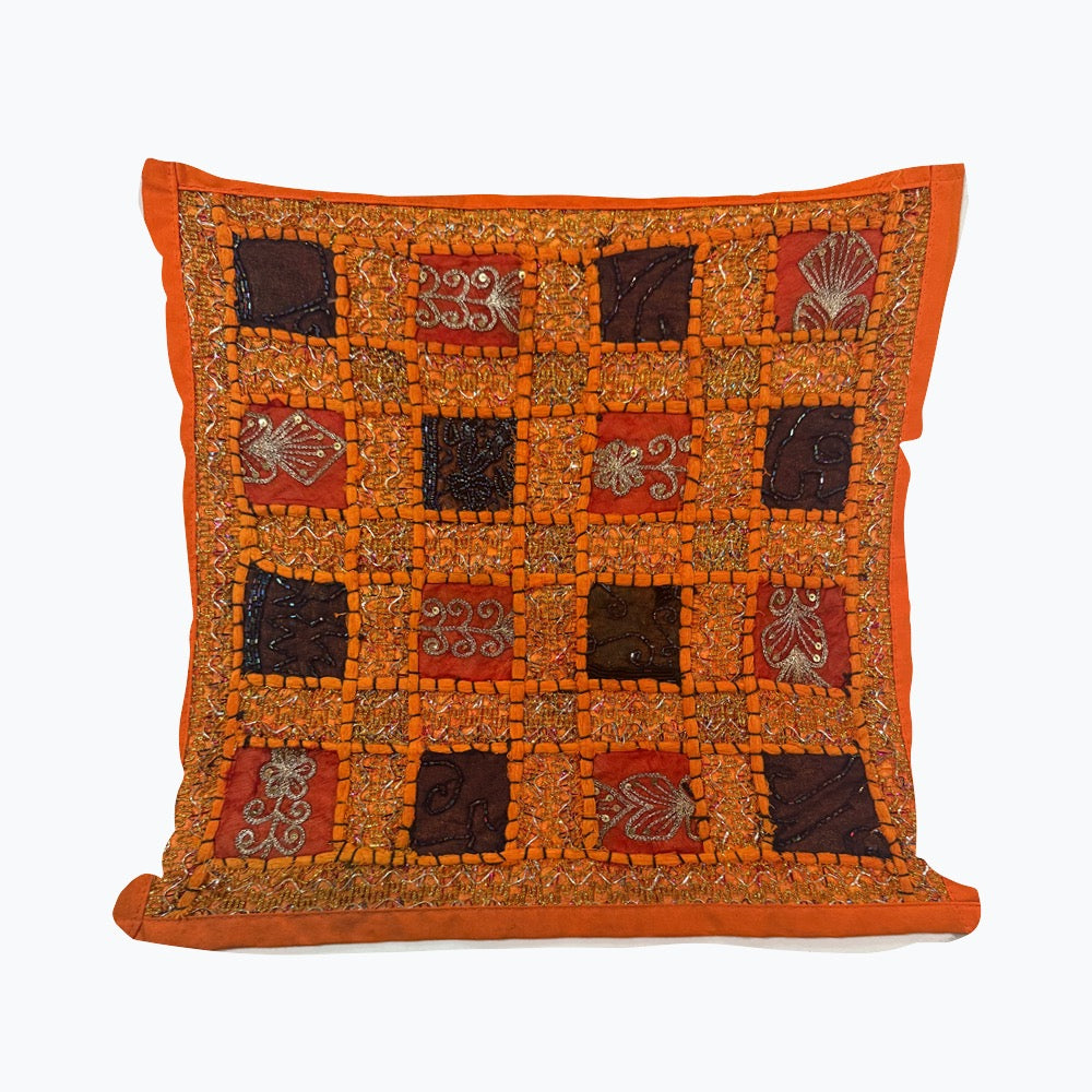 16 Inch Orange Vintage Indian Tapestry Pillow Cover: Zari Beaded Embroidered Throw Pillow