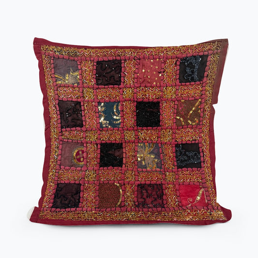 Handmade Indian Patchwork Cushion Cover – 16x16 Inch Red Boho Tapestry Pillow Burgundy Beaded Tapestry Pillow Cover: Vintage Indian Embroidered Cushion #12
