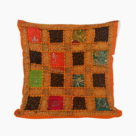 16" Orange Tapestry Patchwork Pillow Cases Indian Handmade Beaded Cushion Cover Decor Black Beaded Tapestry Pillow Cover: Vintage Indian Embroidered Cushion #17
