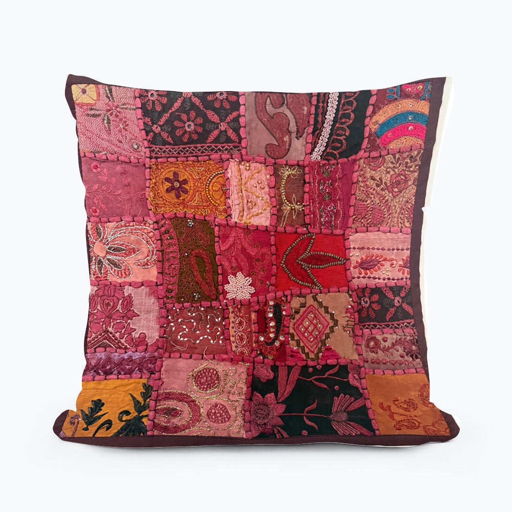 Handmade Indian Patchwork Cushion Cover – 16x16 Inch Red Boho Tapestry Pillow Burgundy Beaded Tapestry Pillow Cover: Vintage Indian Embroidered Cushion
