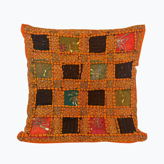 16" Orange Tapestry Patchwork Pillow Cases Indian Handmade Beaded Cushion Cover Decor Black Beaded Tapestry Pillow Cover: Vintage Indian Embroidered Cushion #14