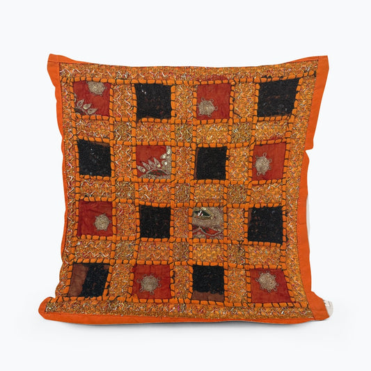 16" Orange Tapestry Patchwork Pillow Cases Indian Handmade Beaded Cushion Cover Decor Black Beaded Tapestry Pillow Cover: Vintage Indian Embroidered Cushion #27
