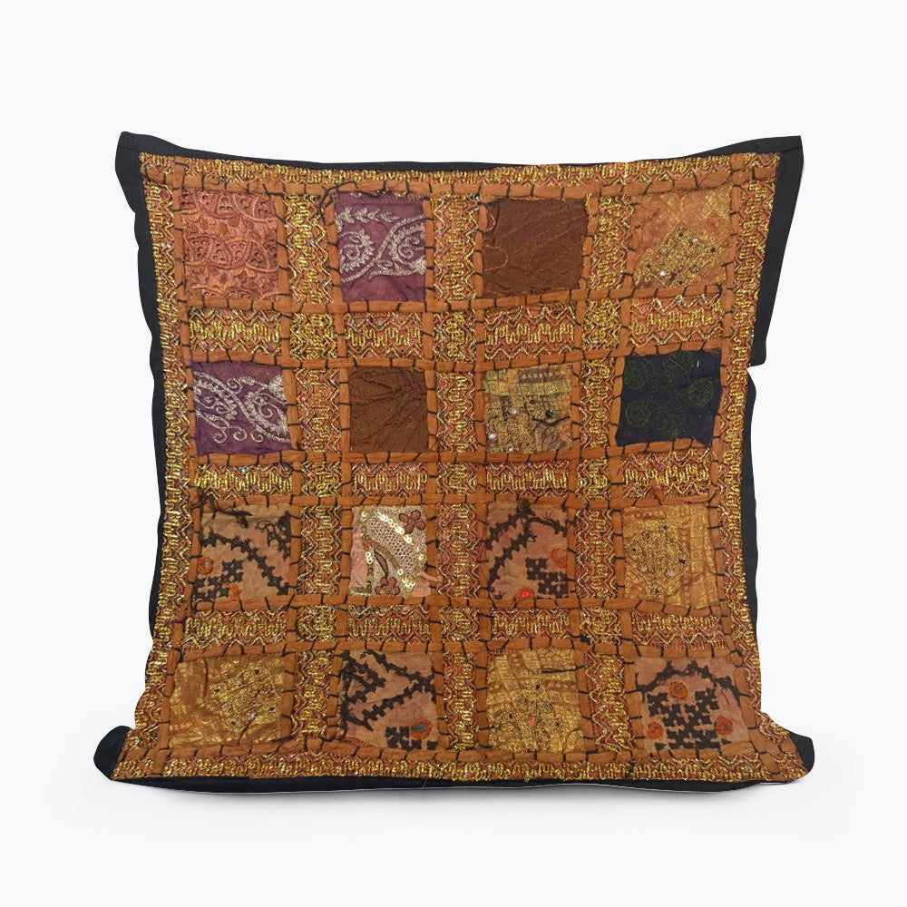 Handmade Indian Patchwork Cushion Cover – 16x16 Inch Boho Tapestry Pillow Vintage Embroidered Tapestry Pillow Cover – 16x16” Bohemian Decor (Jenny)