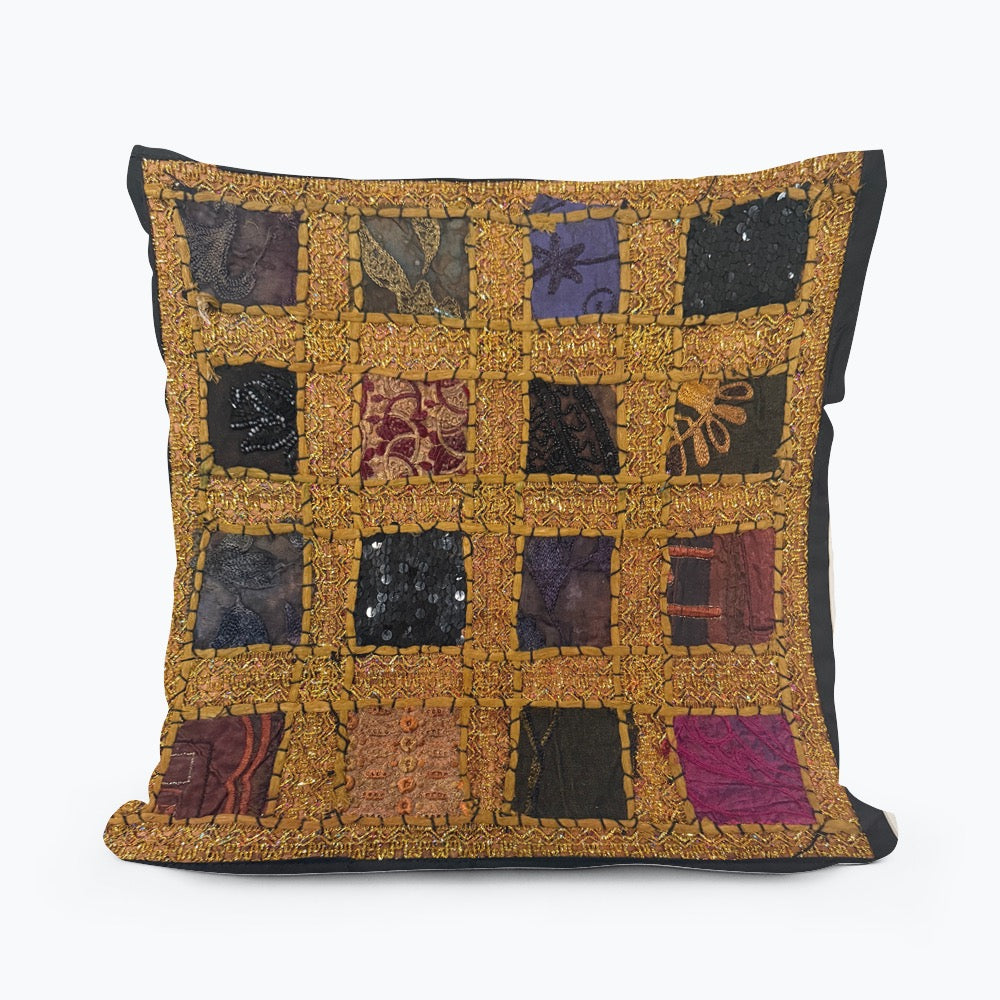 Handmade Indian Patchwork Cushion Cover – 16x16 Inch Boho Tapestry Pillow Vintage Embroidered Tapestry Pillow Cover – 16x16” Bohemian Decor (Jenny)