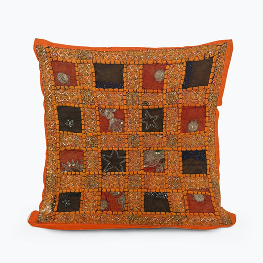 16" Orange Tapestry Patchwork Pillow Cases Indian Handmade Beaded Cushion Cover Decor Black Beaded Tapestry Pillow Cover: Vintage Indian Embroidered Cushion #34